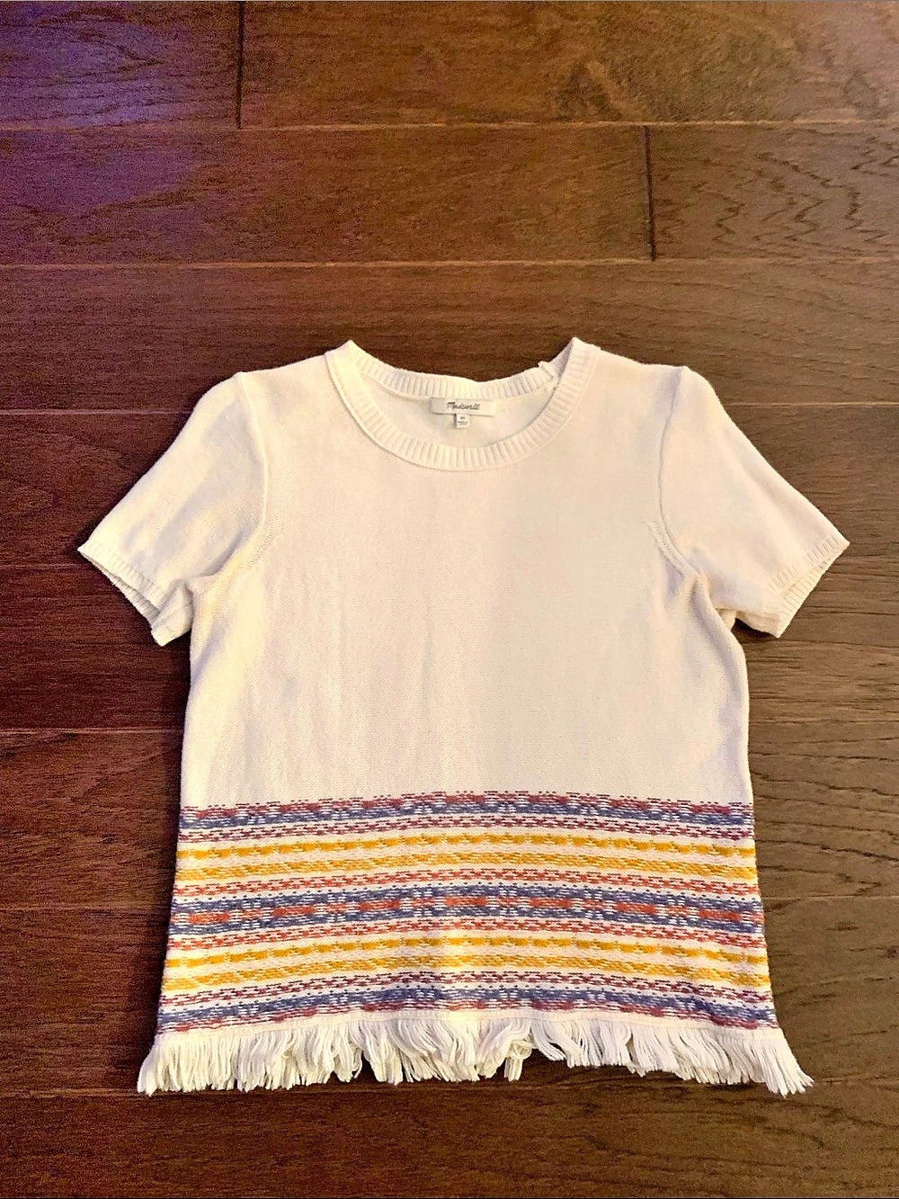 Madewell Striped Fringe Hem Short Sleeve Top in White & Multicolor